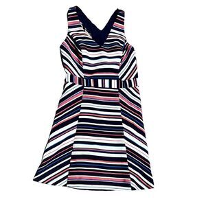 ANTHROPOLOGIE MAEVE Navy, White, & Coral Striped Woven A Line Dress Size Large